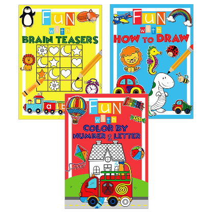 Picture of FUN WITH ACTIVITY SET OF 3 (BRAIN TEASERS, HOW TO DRAW, & COLOR BY NUMBER & LETTER)